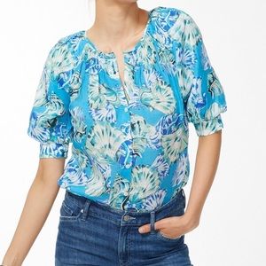 Chico’s Blue Shell Print Ramie Blend Blouse